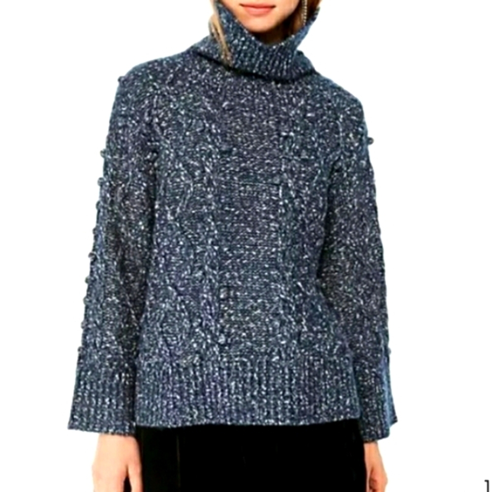 Kate Spade Chunky Cable Knit Turtleneck Broom Street Blue Sweater Size S